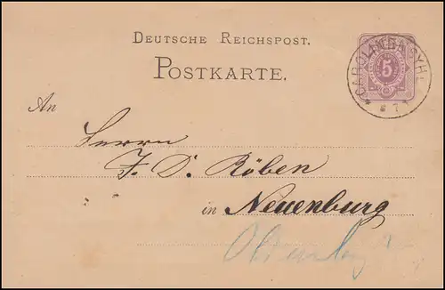 Postkarte P 5 Ziffer 5 Pfennige, Einkreis CAROLINENSYHL 1877 nach Neuenburg