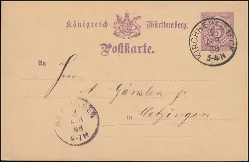 Württemberg Postkarte P 26, KIRCHHEIM unter TECK 3.4.1888 nach METZINGEN 3.4.88