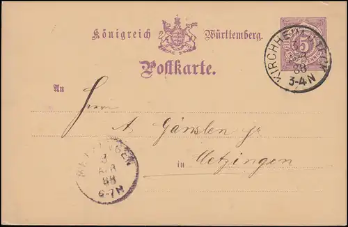 Wurtemberg Carte postale P 26, KIRCHHEIM sous TECK 3.4.1888 après METZINGEN 3.4.8