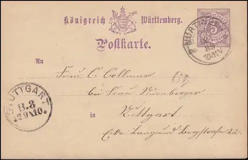 Württemberg Postkarte P 26, NÜRTINGEN 29.10.1889 nach STUTTGART B.3 - 29.10.
