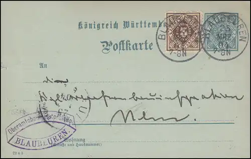 Württemberg DP 3/04 Dienstsache DV 22 4 3 mit Zufr., BLAUBEUREN 25.3.1904