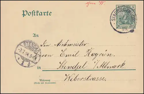 Carte postale P 63X Germania 5 Pf. WZ.2, STADTOLDENDODENDORF 2.7.1904 vers STENDAL 3.7.04