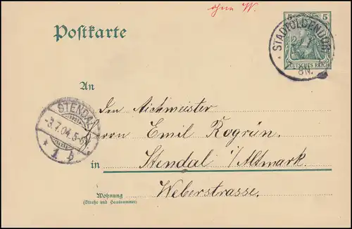 Postkarte P 63X Germania 5 Pf. WZ.2, STADTOLDENDORF 2.7.1904 nach STENDAL 3.7.04