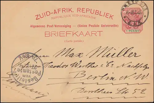 Afrique du Sud Carte postale Blattes 1 penny rouge/vert PRETORIA 6.12.97 vers BERLIN 27.12.