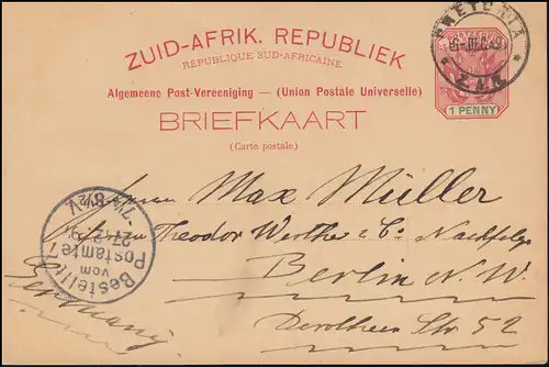 Südafrika Postkarte Wappen 1 Penny rot/grün PRETORIA 6.12.97 nach BERLIN 27.12.