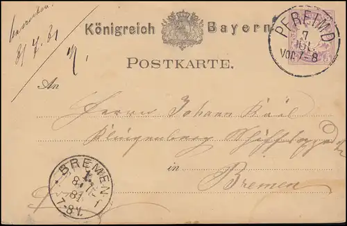 Bayern Postkarte P 18 Wappen 5 Pf. violett, PFREIMD 7.7.1871 nach BREMEN 8.7.71