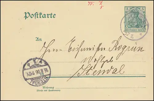 Carte postale P 63X Germania 5 Pf. WZ.2, KUSEY 16.8.1906 vers STENDAL 6.8.06