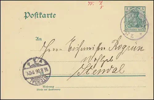 Postkarte P 63X Germania 5 Pf. WZ.2, KUSEY 16.8.1906 nach STENDAL 6.8.06