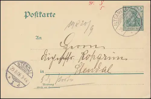 Carte postale P 63X Germania 5 Pf. WZ.2, ALTCAMERN 28.8.1906 vers STENDAL 29.9.06