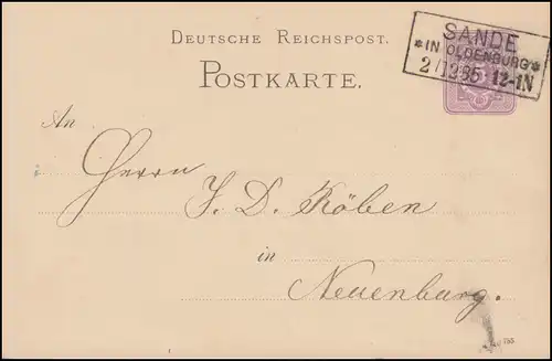 Carte postale P 12/02A, paragraphe 5 Pfennig DV 785, SANDE IN OLDENBURG 2.12.1885
