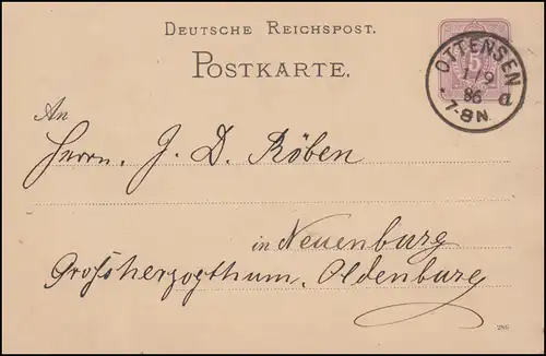 Postkarte P 12/02A Ziffer 5 Pfennig DV 286, OTTENSEN 1.9.1886 nach Neuenburg