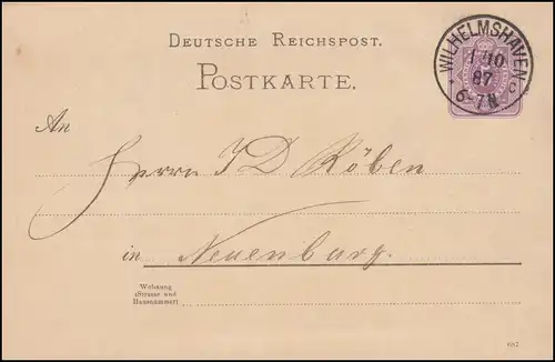 Carte postale P 18I, paragraphe 5 Pfennig DV 687, WILHELMSHAVEN 1.10.1887 vers Neuchâtel