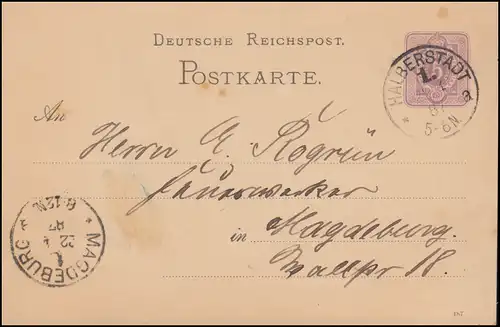 Postkarte P 12/02B Ziffer 5 Pfennig DV 187, HALBERSTADT 1a - 22.4.1887
