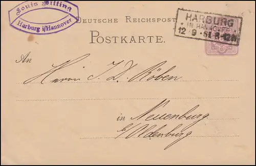 Carte postale P 10, paragraphe 5 Pfennig, R3 HARBURG, HANNOVER 12.9.1881, vers Neuchâtel
