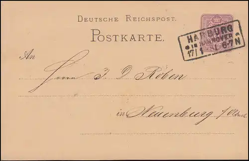 Postkarte P 10 Ziffer 5 Pfennig, R3 HARBURG IN HANNOVER 17.1.1881 nach Neuenburg