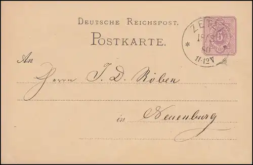 Postkarte P 10 Ziffer 5 Pfennig, Einkreisstempel ZETEL 18.3.1880 nach Neuenburg