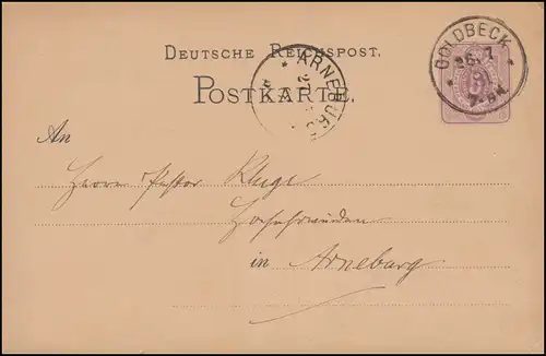 Postkarte P 10 Ziffer 5 Pfennig, Einkreis GOLDBECK 26.7.1881 nach ARNEBURG 27.7.