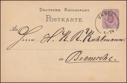 Postkarte P 5 I/02 Ziffer 5 Pfennige, Lücke 4. Zeile, Einkreis VAREL 28.5.1879