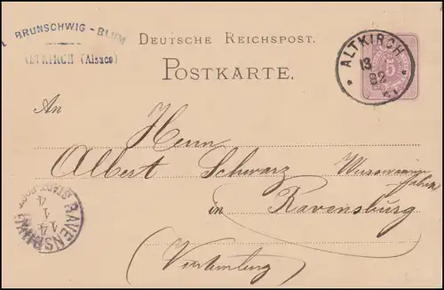 Postkarte P 10 Einkreis ALTKIRCH 13.1.1882 nach RAVENSBURG STADT POST 4 - 14.1.