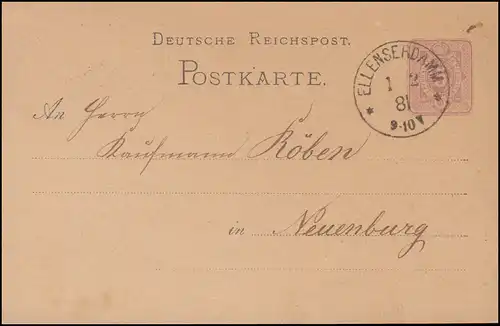 Carte postale P 10 paragraphe 5 pfennig, encerclement ELLENSERDAMM 1.2.1881 vers Neuchâtel
