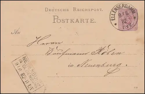 Carte postale P 12/01A chiffre 5 pfennig DV 1 82 - encercle ELLENSERDAMM 9.6.1882
