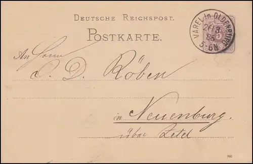 Postkarte P 12/02A Ziffer 5 Pfennig DV 985, Einkreis VAREL in OLDENBURG 26.3.83