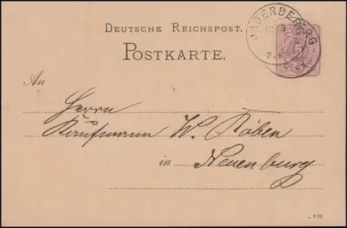 Postkarte P 12/01A Ziffer 5 Pfennig DV 6 82, JADERBERG 12.3.1883 nach Neuenburg
