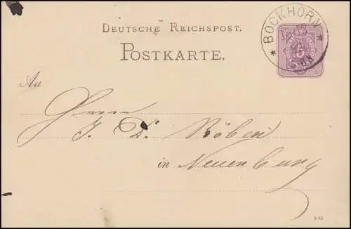 Postkarte P 12/01A Ziffer 5 Pfennig DV 8 82, BOCKHORN 15.12.1882 nach Neuenburg