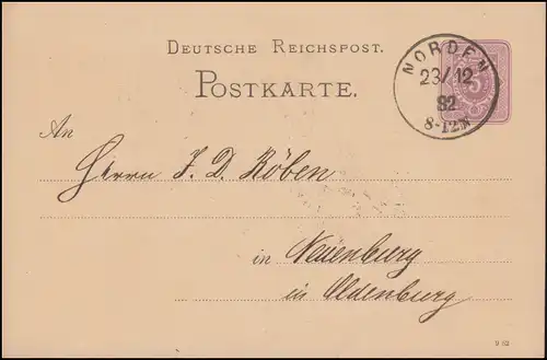 Carte postale P 12/01A, paragraphe 5 Pfennig DV 9 82, NORDEN 23.12.1882 vers Neuchâtel