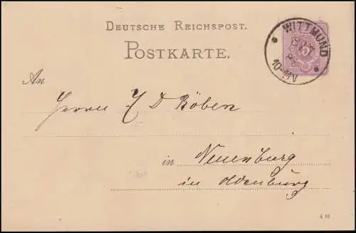 Postkarte P 12/01A Ziffer 5 Pfennig DV 4 83, WITTMUND 8.8.1883 nach Neuenburg