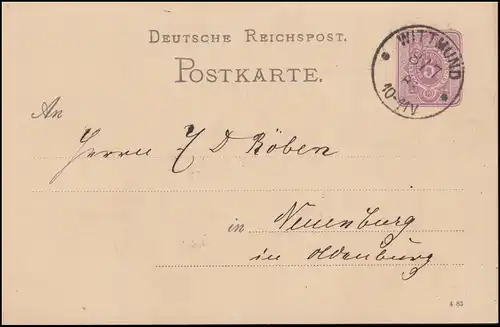 Postkarte P 12/01A Ziffer 5 Pfennig DV 4 83, WITTMUND 8.8.1883 nach Neuenburg