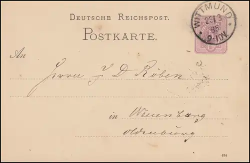 Carte postale P 12/02A paragraphe 5 Pfennig DV 484 - WITTMUND 23.3.1885 vers Neuchâtel