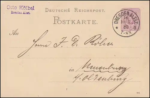 Postkarte P 12/02A Ziffer 5 Pfennig DV 884, DRESDEN ALTST. 14a - 10.1.1885 