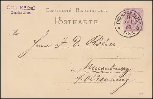 Postkarte P 12/02A Ziffer 5 Pfennig DV 884, DRESDEN ALTST. 14a - 10.1.1885