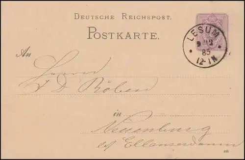 Carte postale P 12/02A paragraphe 5 Pfennig DV 485, LESUM 9.12.1885 vers Neuchâtel