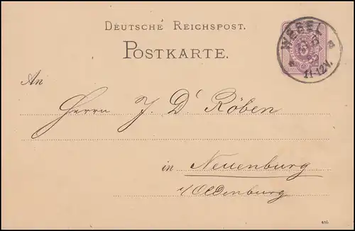 Postkarte P 12/02A Ziffer 5 Pfennig DV 485, WESEL 30.6.1885 nach Neuenburg