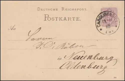 Carte postale P 12/02A, paragraphe 5 Pfennig DV 385, CAROLINENSIEL 13.11.1885