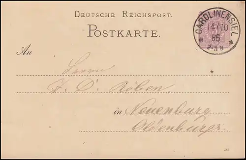 Carte postale P 12/02A chiffre 5 pfennig DV 385 - CAROLINENSIEL 14.10.1885