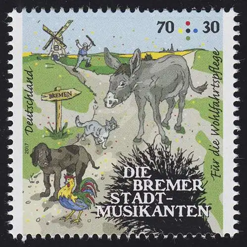 3282 Grimms Märchen - Die Bremer Stadtmusikanten 70 Cent, nassklebend **