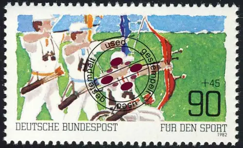 1128 Sporthilfe 90+45 Pf Bogenschießen O gestempelt