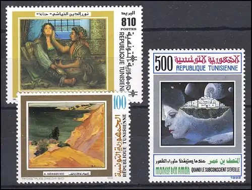 Tunisie: peinture / Paintings Modern Art 1988, 1992, 1996, 3 timbres **