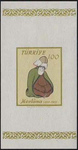 Turquie: poète et mystique Celal Ed Din Rumi / Mevlana 1207-1957, bloc **