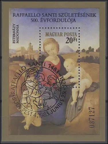 Hongrie: peinture de Raffael Madonna Esterházy 1983, bloc ESSt Budapest 29.6.83