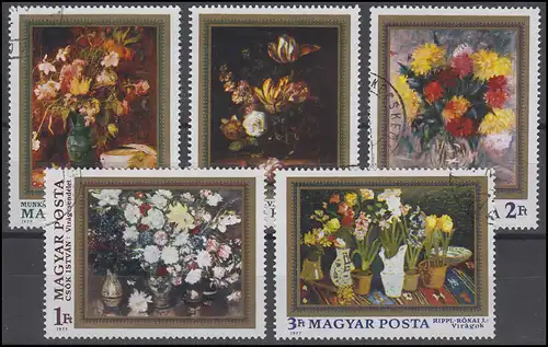 Hongrie: Peintures de bouquets de fleurs 1977, 5 timbres, ensemble cacheté