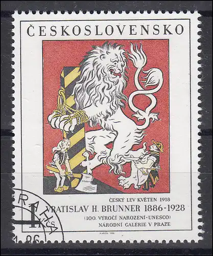 Tchécoslovaquie: Lion tchèque - Peinture de Brunner 1986, 1 marque O