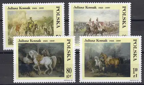 Pologne: peinture de Juliusz Kossak: homme & cheval, 4 valeurs, ensemble **