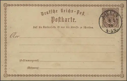 Postkarte P1 Adler: Zweikreis-O Aachen 8.1.1874 Früh-O!