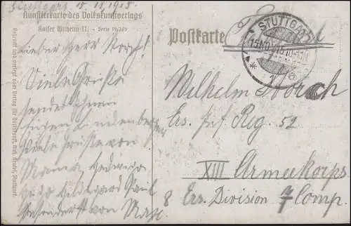 AK Kaiser Wilhelm II en tant que carte postale de terrain STUTTGART 15.11.1915 au front
