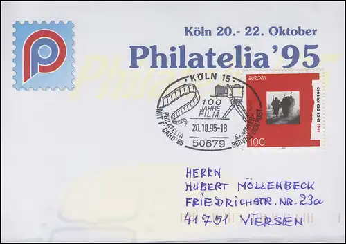 Messekarte Philatelia Köln 1995 mit 1790 Europa SSt Köln 100 Jahre Film 20.10.95