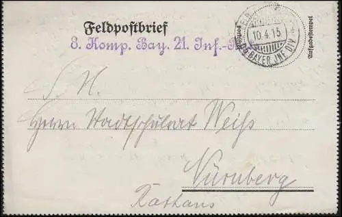 Enbrel de carte de Feldpost S.B. Dépliant 8. Compositeur Bay. 21 Inf.-Rgts, FELD-POST 10.4.15